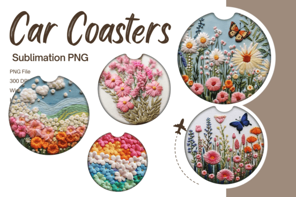 3D Flower Embroidery Car Coaster Set PNG: A Vibrant Print Template for Branding