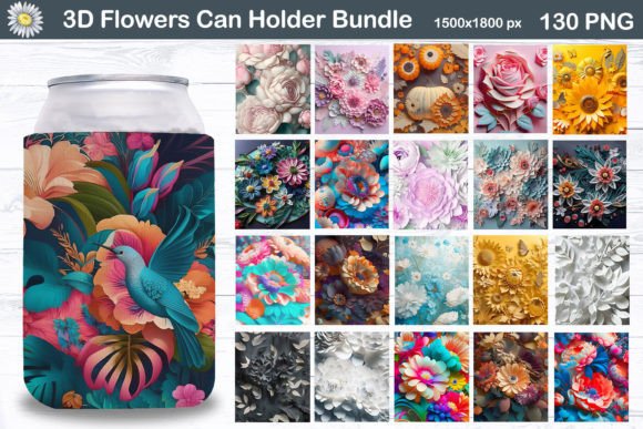 3D Flowers Can Cooler Bundle: A Vibrant Graphic Design Asset for Crafts and Merch