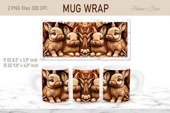 3D Rabbits Wood Design Mug Wrap for Crafts and Graphics