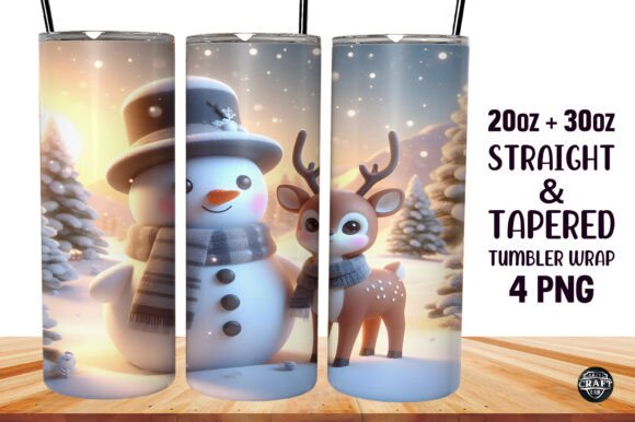 3D Snowman and Deer Tumbler Christmas Graphics for Holiday Projects