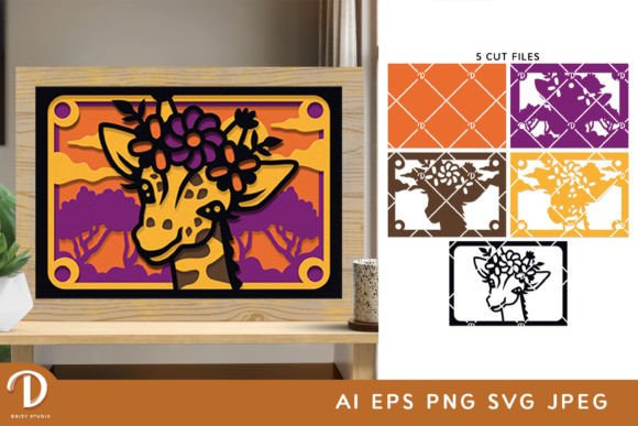 Floral Giraffe 5x7 3D Paper Cut: A Unique Laser-Cut Wall Decor Asset for Branding