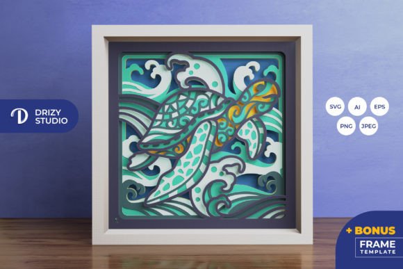 Sea Turtle with Ocean Waves 3D SVG for Creative Branding
